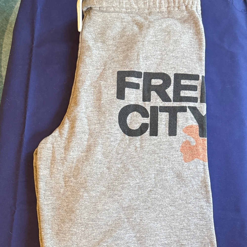 Gray FreeCity Sweatpants with Black and Orange Print READ DESCRIPTION PLEASE